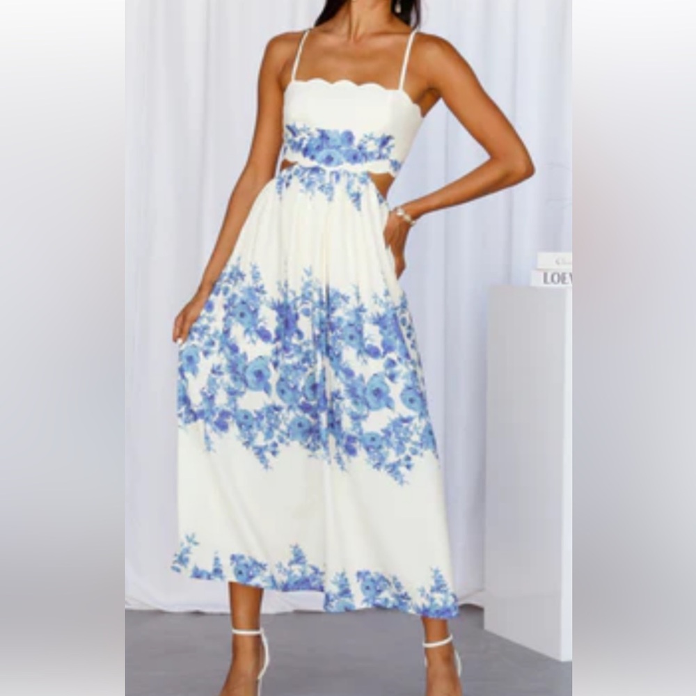 Hello Molly- Floral Cutout Midi Dress in Blue and White